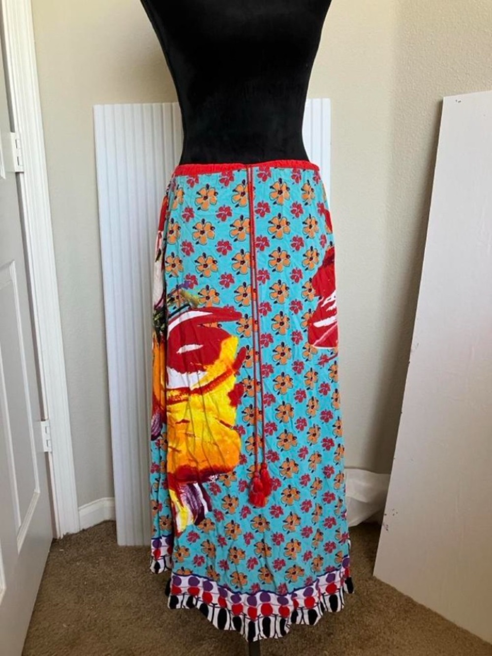 Magic Turquoise Floral Maxi Skirt with Red Waist Tie